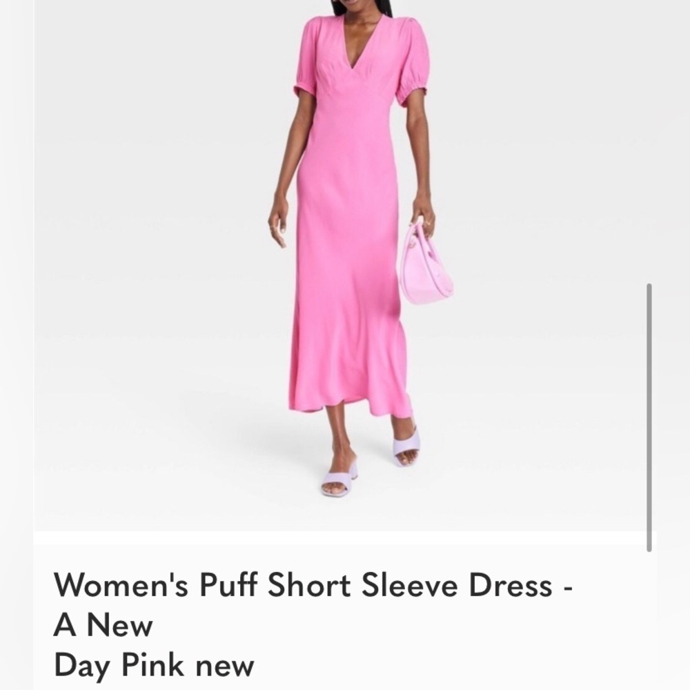 A NEW DAY • Pink Puff Short Sleeve Elegant V-Neck Dress - Picture 5 of 8
